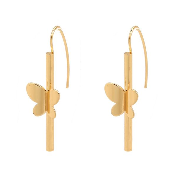 

8seasons 304 stainless steel drop earrings gold cylinder butterfly/ dragonfly 5cm x 1.4cm, post/ wire size: (18 gauge), 1 pair, Silver
