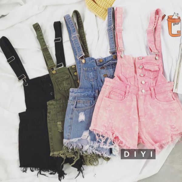 

2018 women denim jeans single-breasted casual hole jumpsuit romper overalls jeans shorts, Blue