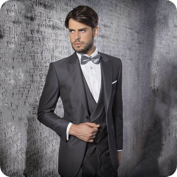 

italian style dark gray men suits groom wear wedding tuxedos slim fit male business blazer peaked lapel 3piece coat pant vest costume homme, Black;gray