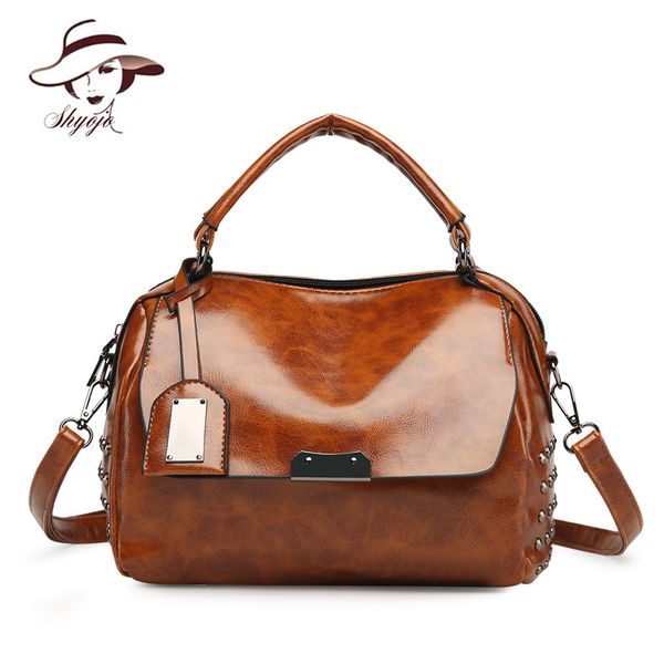 

vintage casual tote oil wax leather women messenger bags large capacity rivet boston handbag female shoulder bag bolsa feminina