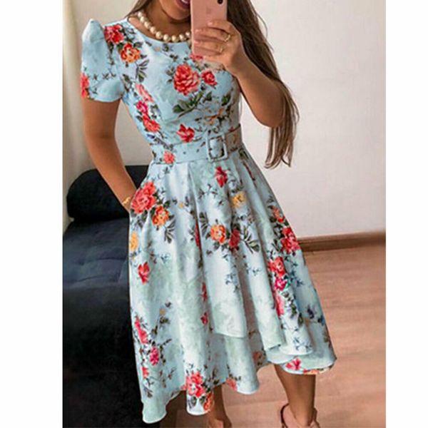 

fashion women summer boho floral print midi dress elegant ladies short sleeve holiday beach casual dress sundress, Black;gray