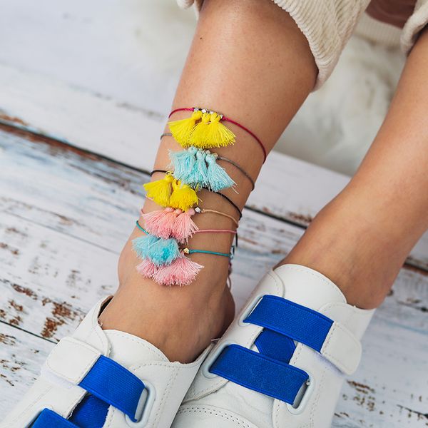 

6pcs/set colorful tassel rope anklet for women multilaye beads charm anklets beach jewelry accessories 9172, Red;blue