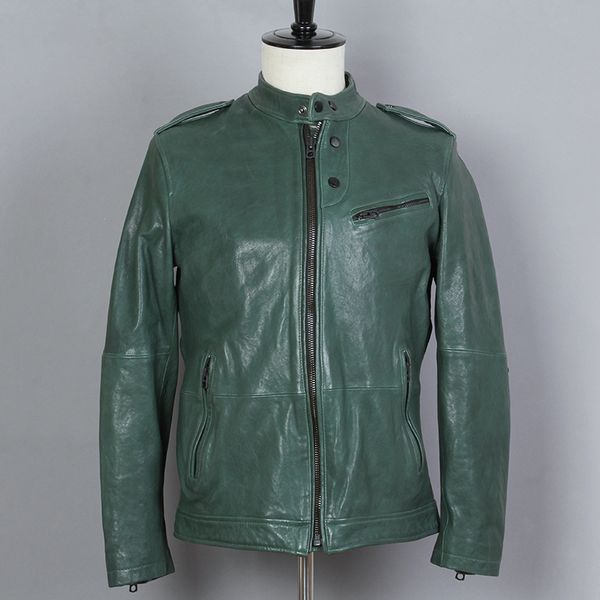 

fashion 2020 mens genuine leaher jacket green sheepskin stand sollar casual simple vegetable tanned leather winter coat men, Black