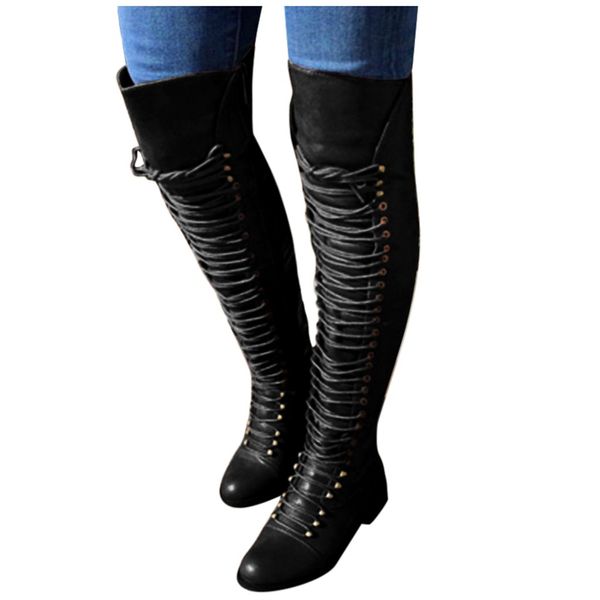 

square heels women boots lace up thigh-high boots for women rivets winter shoes femme pointed toe knight botines mujer 2019#e30, Black