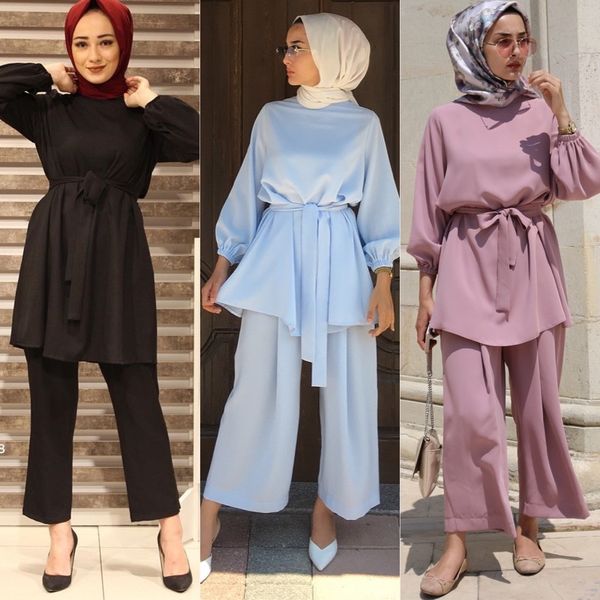 

wepbel arab plus size muslim two piece set solid color long sleeve blouse + full length pants turkish women outfits, White