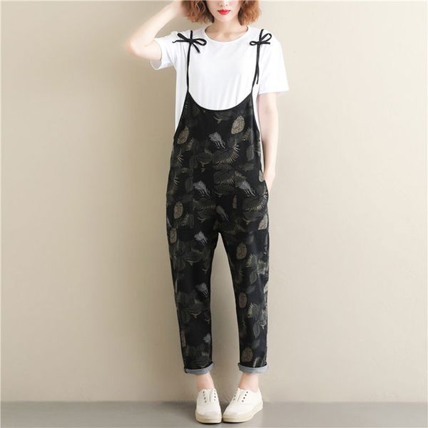 

summer plus size retro denim harem jumpsuits women thin section leaves printed sling loose casual street wear rompers female hot, Black;white