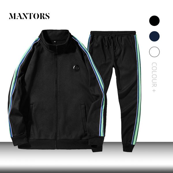 

new men tracksuit solid stripe casual sets men's sportswear jacket+pants two piece sets 2019 autumn male sporting suit slim fit, Gray