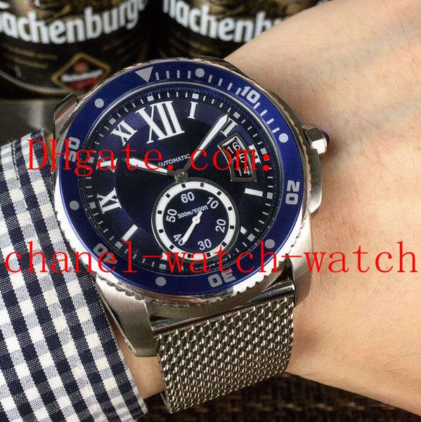

new style 41mm black dial steel bracelet calibre de mechanical automatic movement mens watch w7100057 diver's men's wristwatches, Slivery;brown