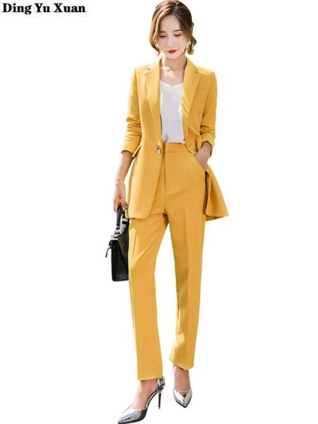 

women's suits & blazers female business interview yellow pant for women formal wear career trouser suit ladies korean office 2 pieces s, White;black