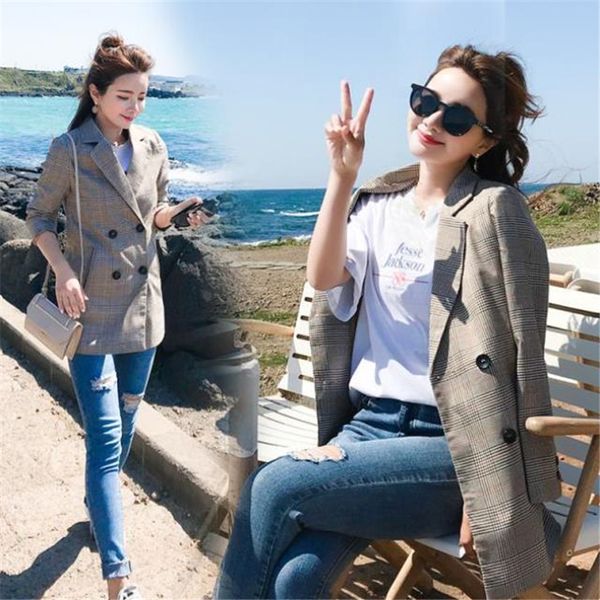 

england style blazer women spring autumn suit jacket plus size loose long sleeve double breasted plaid blazers mujer outerwear, White;black