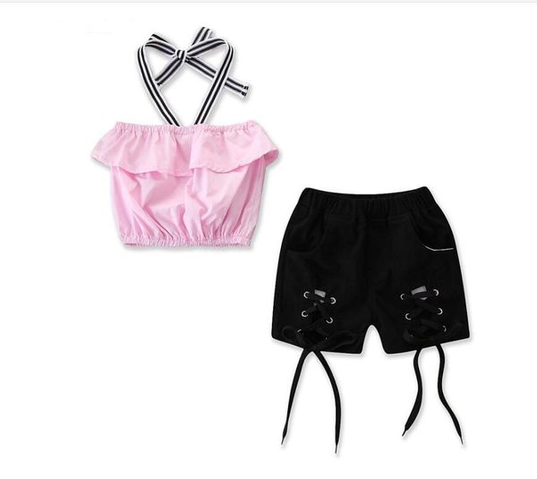 

2pcs fashion girls clothing set 2019 summer baby girls clothes pink ruffle+cross bandage pant children clothing dropshipping, White