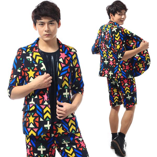 

fashion burning man festival clothes stage costumes for singers mens nightclub outfits colorful print male bar dj costume bl2188, Black;red