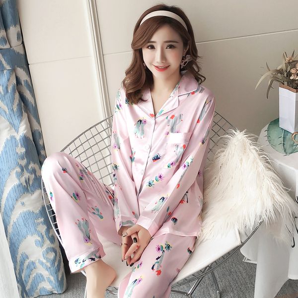 

women nightwear shirt autumn 2018 new women pyjamas silk long set female pajamas set nightset young sleepwear long pant, Blue;gray