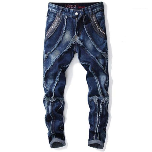 

pleated washed long casual clothing american and european style spparel mens designer jeans pencil pants light, Blue