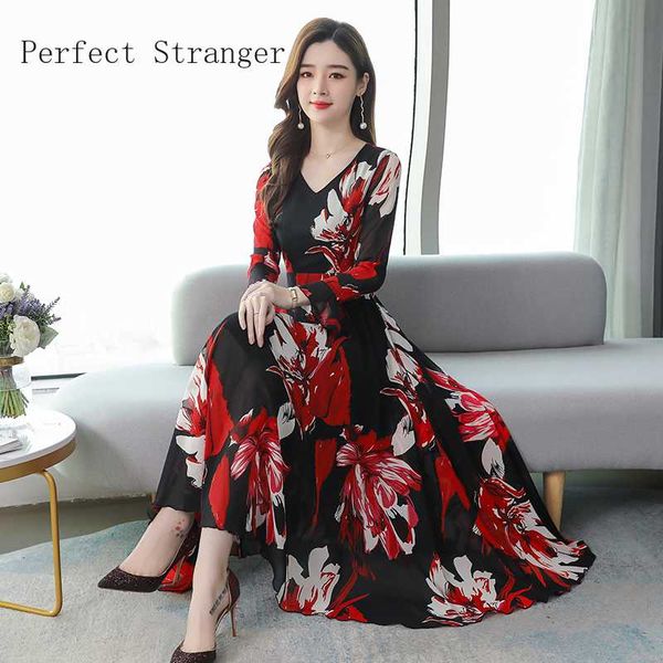 

2020 spring new arrival fashion plus size -3xl v collar korean flower printed long sleeve woman chiffon long dress, Black;gray