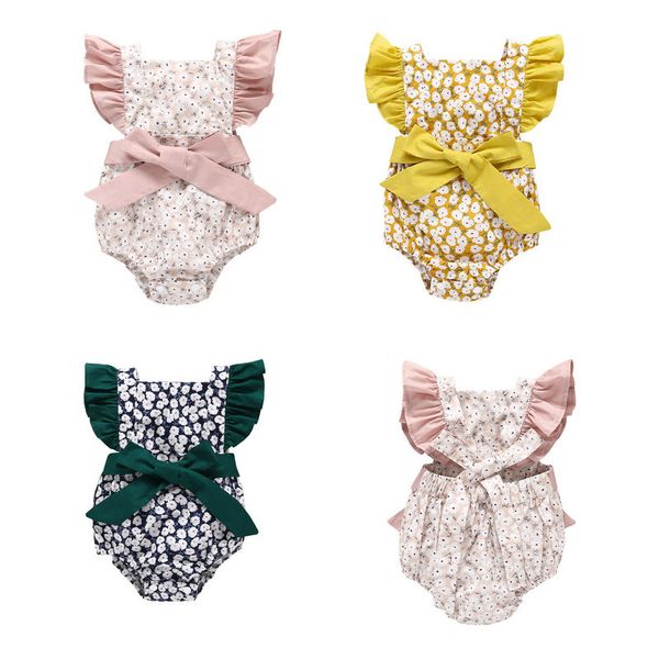 

baby romper summer new ins girls flying sleeve floral bowknot jumpsuits rompers sweet cute onesies one piece newborn designer clothes, Blue