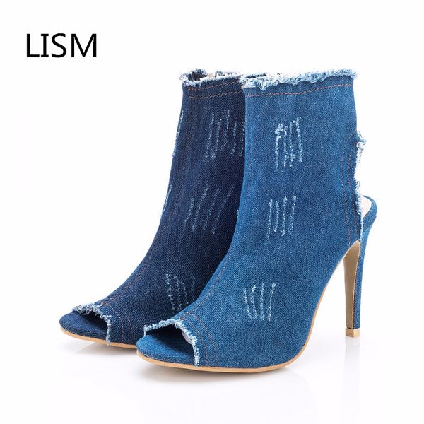 

women's shoes 2018 spring models european fish head high heel sandals canvas short sleeve with the side zipper boots, Black