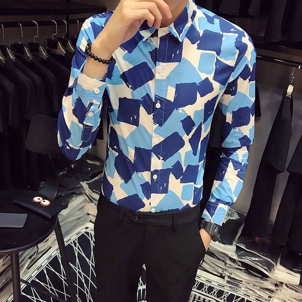 

gzdeerax red blue printed mens shirts luxury long sleeve mens dress shirts slim fit party nightclub male, White;black
