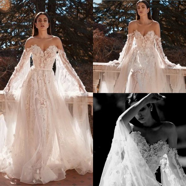 

2020 lace wedding dresses sweetheart long sleeves appliques a-line bridal gowns chapel sweep train wedding dress robe de mariage, White