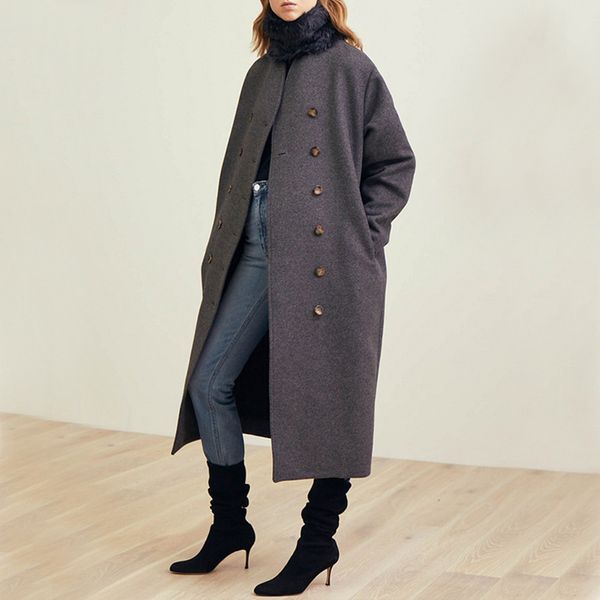 

autumn /winter classic woolen coat nordic minority cold wind double breasted gray wool & blends long womens coats winter, Black