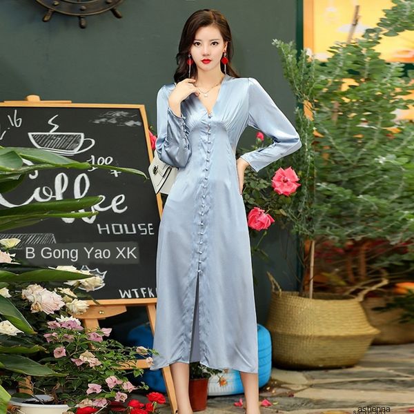 

womens designer satin skirt season elegant v-neck single-breasted mid-length silk dress57qsh, Black;gray