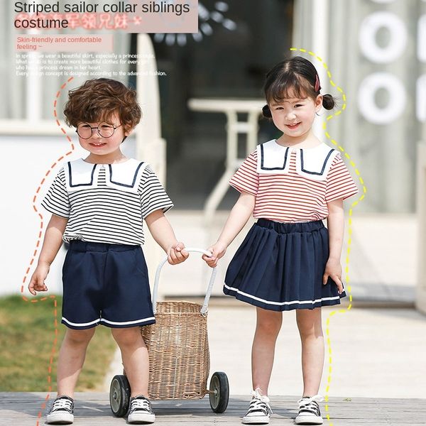 

wedvq small medium-sized children 2020 summer baby girl baby striped navy collar brother small and medium-sized children a202 and sister wea