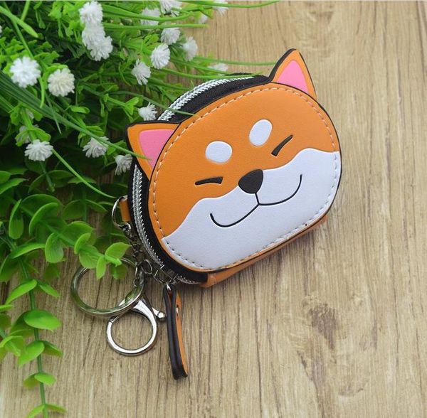 

smiling shiba inu keychains for women mini wallet bag key ring cute dog desgin pu leather key chain case gifts, Silver