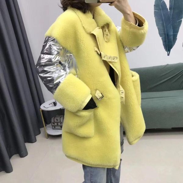 

90%white duck down jacket patchwork real price sheep fur coats 2020 fashion women overcoat winter turn-down collar down parka, Black