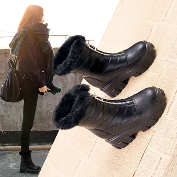 

qiu dong inside heighten female boots leather hair snow boots thick sole keeps warm snow front zipper female, Black