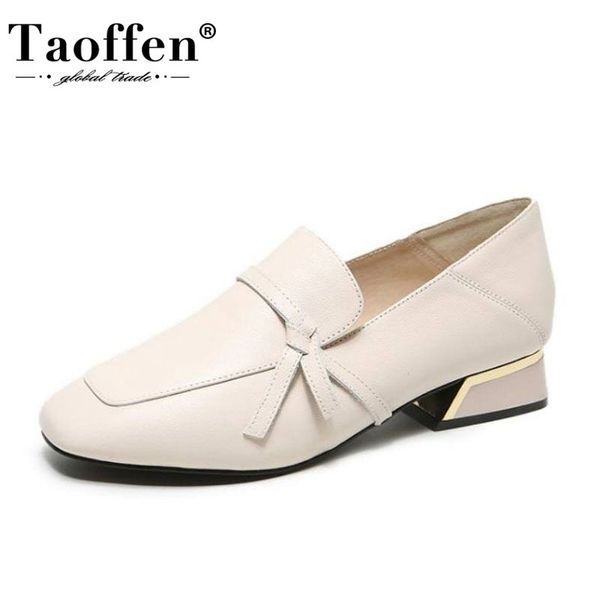

taoffen genuine leather woman pumps fashion thick heel shoes women bowknot fashion office lady daily dress footwear size 34-39, Black