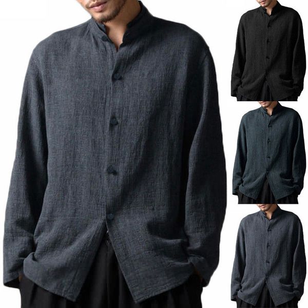 

men stand collar long sleeve retro shirt chinese style cotton linen button down shirts, White;black