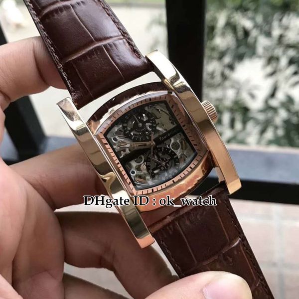 

new hollow dial aa48pltbsk/n automatic mens watch rose gold case brown leather strap gents sport watch multifunction, Slivery;brown