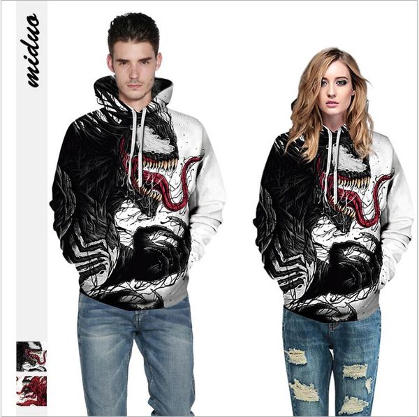 

cross-border style couple hoodie venom digital print casual with cap loose-fitting long-sleeved baseball wear, Black