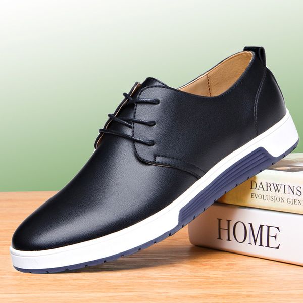 

flats shoes men sneakers 2019 comfortable pu leather sneakers men casual shoes mans lace-up fashion male tennis plus size, Black