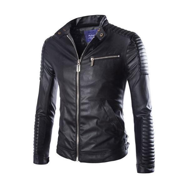 

western style men fashion and personality windproof small stand collar locomotive leather coat jacket, Black