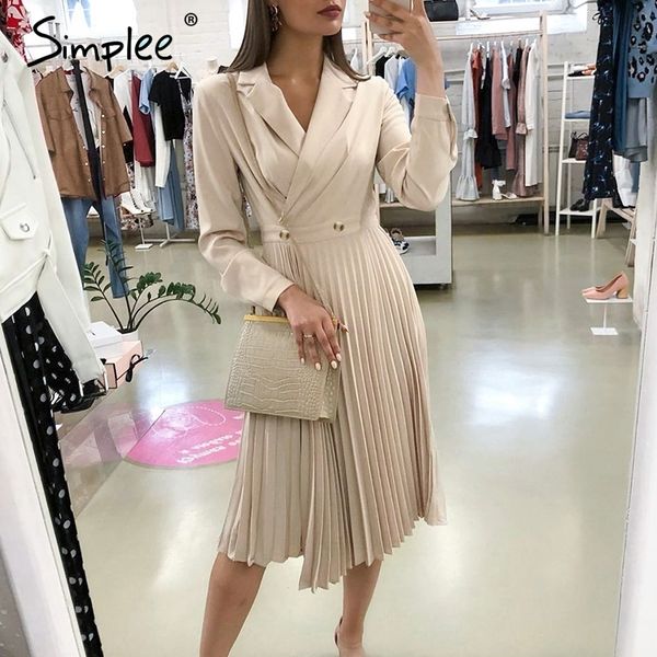 

simplee elegant pleated women office dress solid breasted ladies blazer dress autumn winter long sleeve chic female party dress, Black;gray