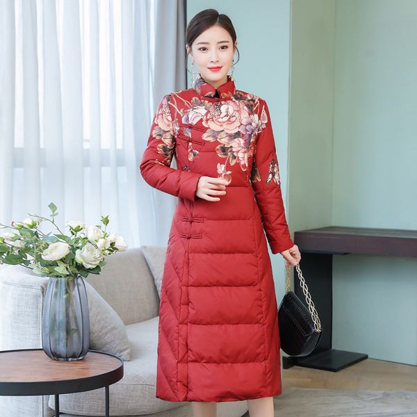 

2019 winter new style women's dress slim fit elegant frog red printed mid-length thin down jacket cotton-padded clothes, Blue;black