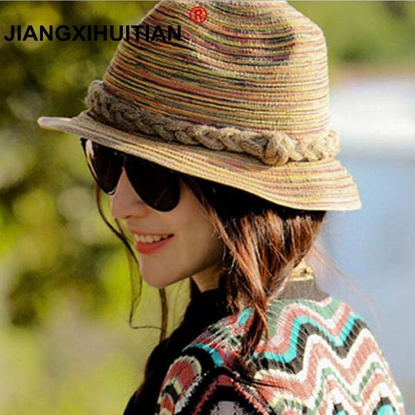 

2017 new summer women girls colorful straw sun hats jazz hats beach for women chapeu feminino ing, Blue;gray