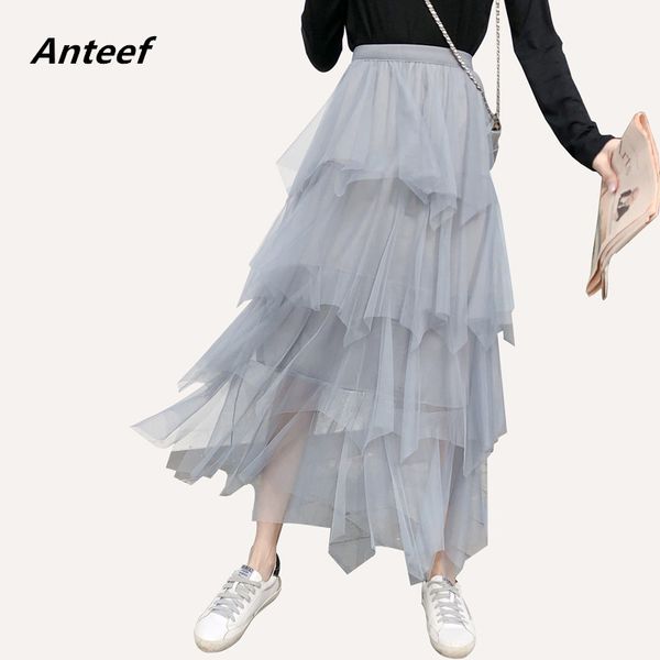 

2019 plus size high waist vintage summer korean saias casual long tulle skirt women skirts female clothes streetwear jupe femme, Black