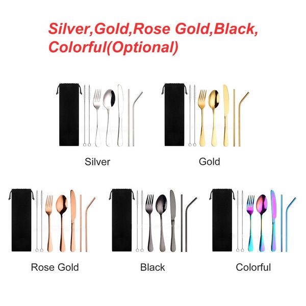 

6pcs stainless steel dinnerware set spoon fork chopsticks straw with cloth pack for travel outdoor office picnic bbq