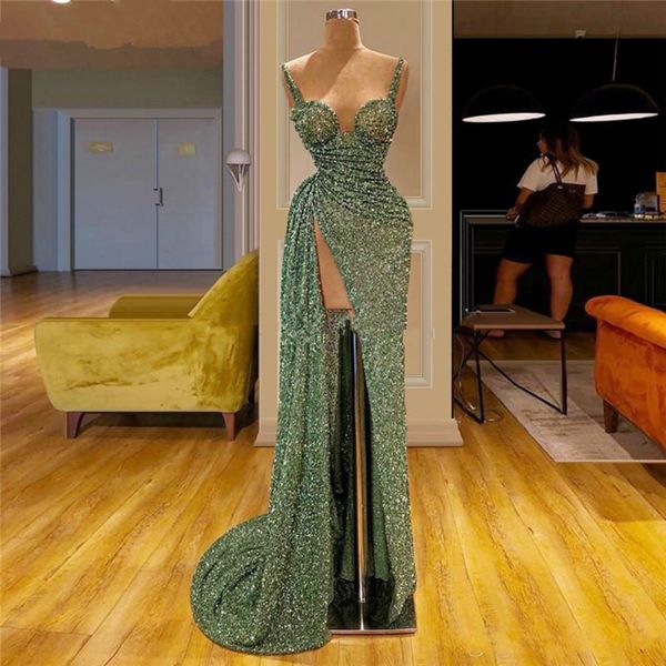 

green spaghetti straps sequins high split 2020 reflective prom dresses ruched a line sweep train formal party evening gowns bc3119, Black