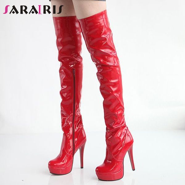 

sarairis autumn fashion party patent pu over the knee boots ladies thigh high boots women high heels wedding shoes woman, Black