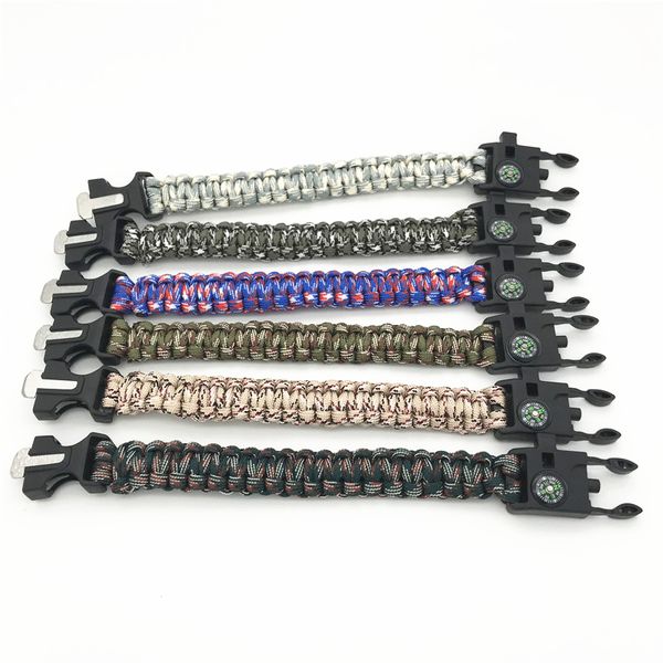 

multi functional camping paracord bracelet emergency survival parachute wraps with compass scraper whistle buckle without flint
