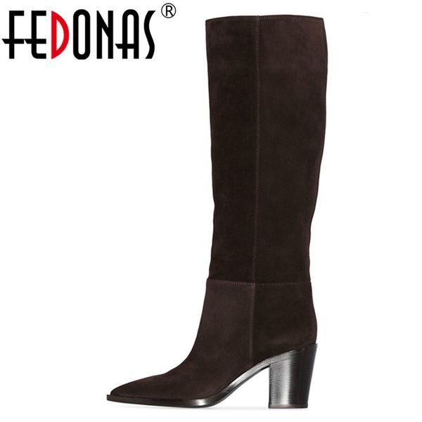 

fedonas brand 2020 autumn winter warm women knee high boots vintage cow suede long boots female hight shoes woman western, Black
