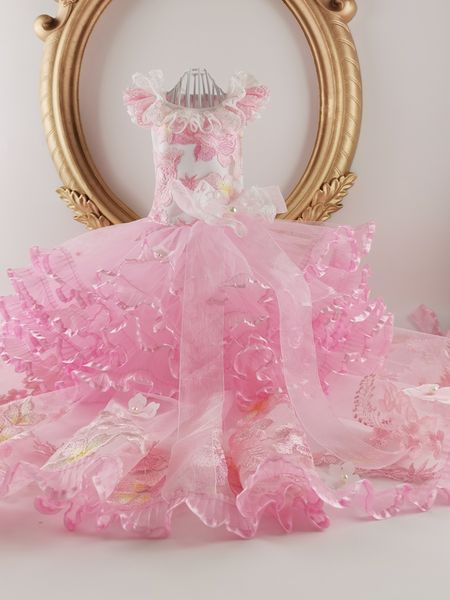 

handmade dog apparel wedding dress gorgeous applique embroidery pink dropped with long tail pet clothes