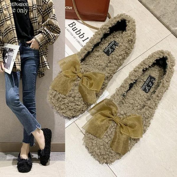 

cute plush winter shoes women warm peluche ballet flats designer furry casual shoes woman outdoor loafers zapatillas mujer, Black