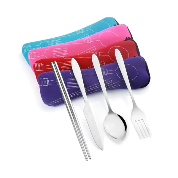 

4 pcs/set stainless steel fork spoon chopsticks travel ourdoor camping cutlery tools portable stainless steel tableware new