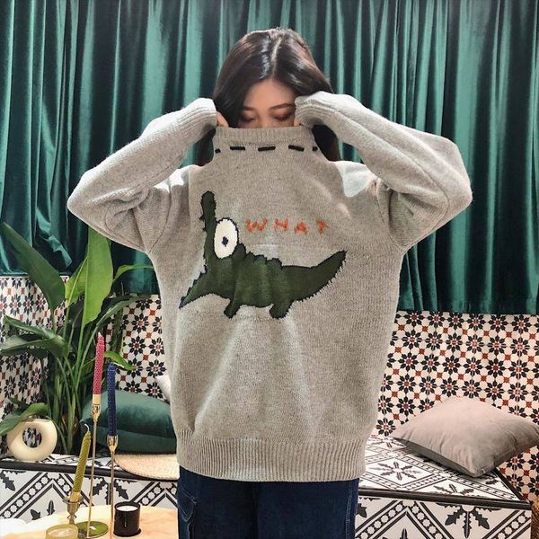 

cute crocodile new style streetwear winter christmas women chic o neck high street loose sweater female warm fashion girl, White;black