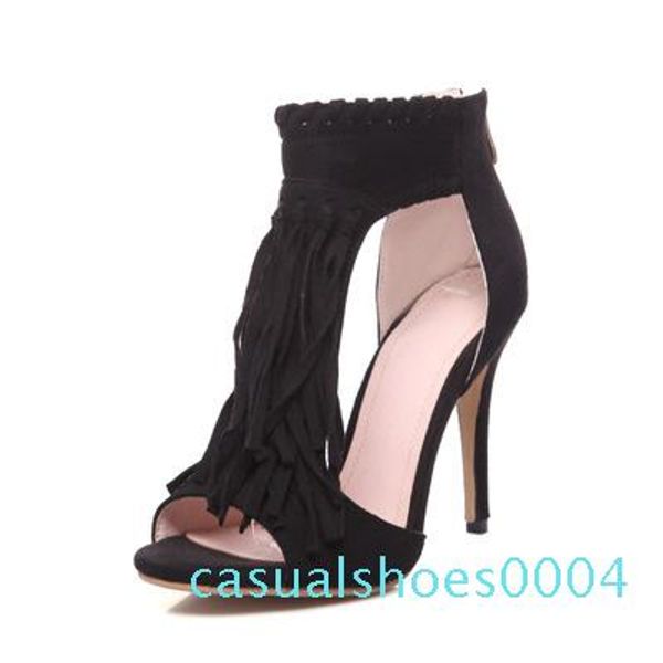 

2020 new black apricot women tassel sandals open zipper high heels 12 cm sandals woman shoes plus big size 34-43qa24