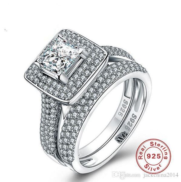 

size 5-10 luxury jewelry pure 100% 925 sterling silver princess cut white sapphire gemstones cz diamond women wedding couple ring set gift, Slivery;golden
